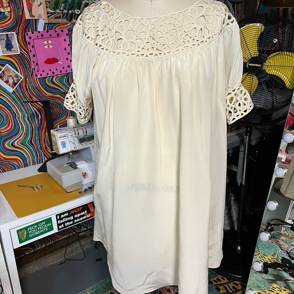 Silk blouson knee length babydoll dress with lace trim